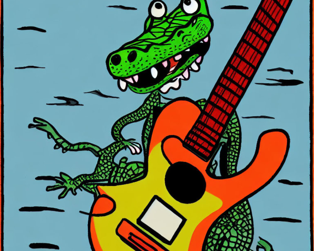 Green alligator playing electric guitar on blue background