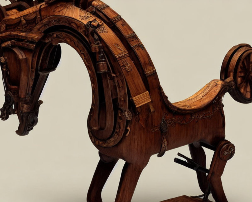 Intricate Wooden Rocking Horse with Ornate Carvings