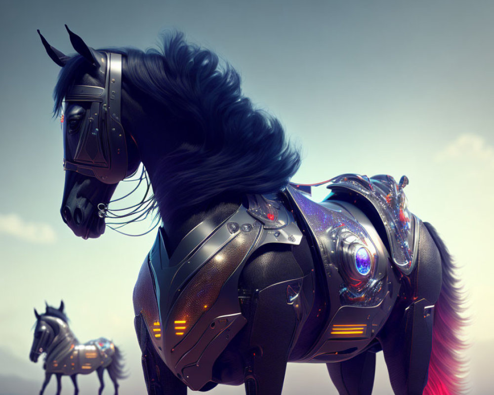 Digital artwork featuring two mechanical horses with armor plating and glowing elements against a natural backdrop