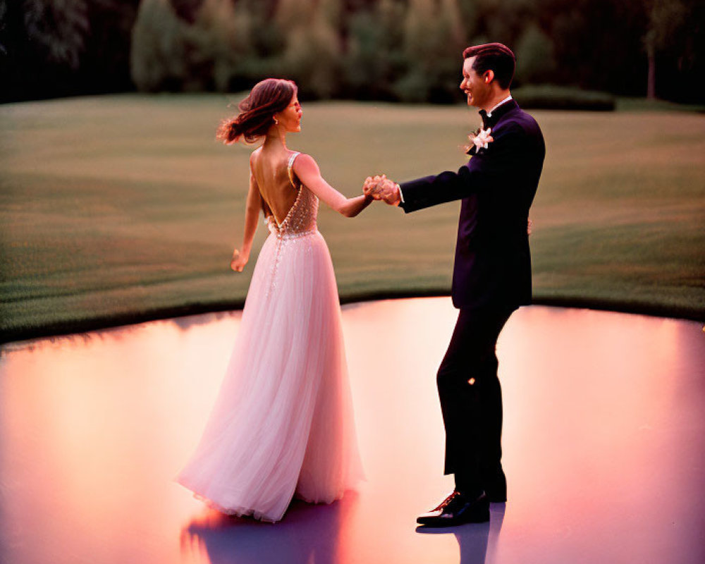 Formal attire couple holding hands at sunset by tranquil pond