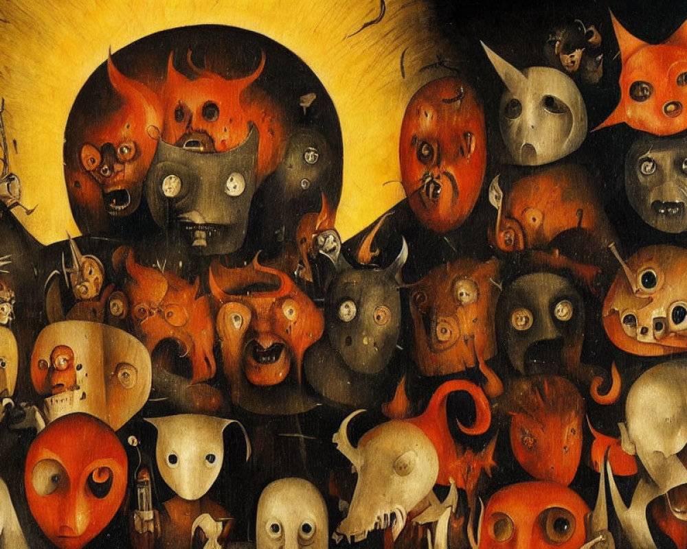 Surreal painting of bizarre creatures with exaggerated facial features