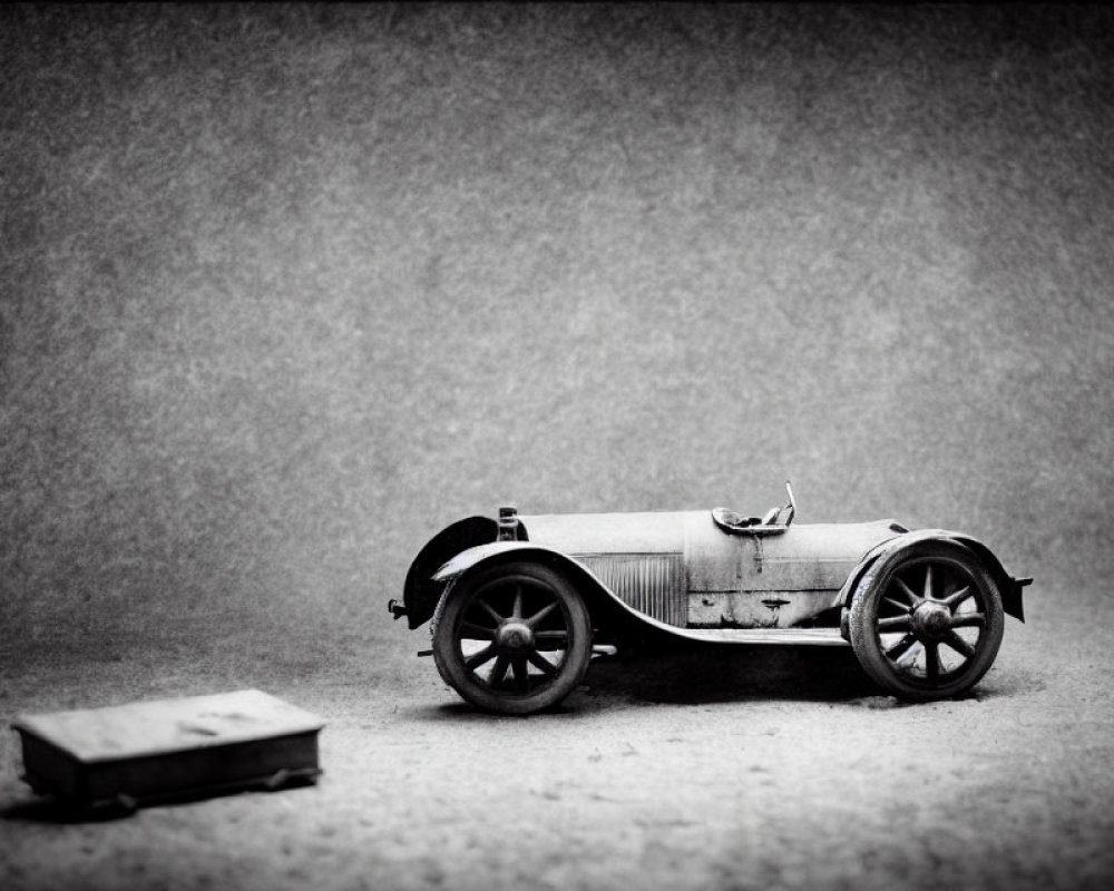 Vintage Toy Car with Detached Wheel on Plain Background