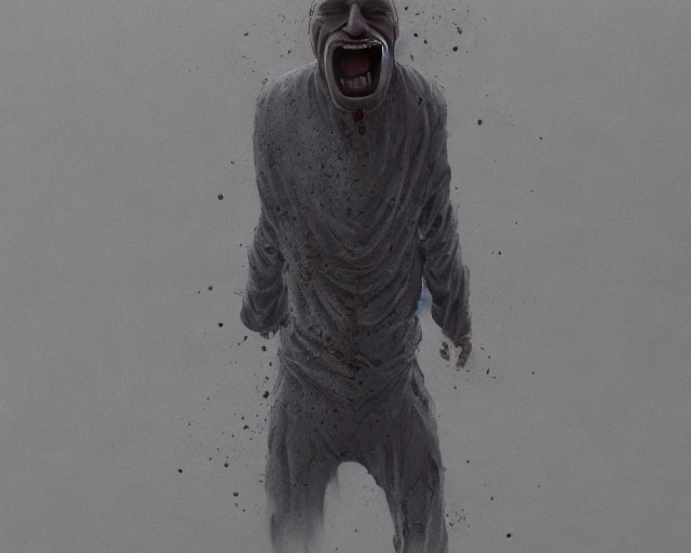 Monochromatic artwork: Figure disintegrating in scream on dark backdrop