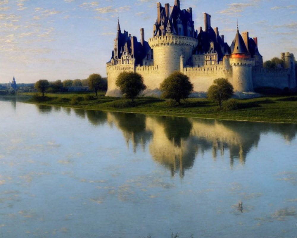 Majestic castle by reflective river in serene landscape