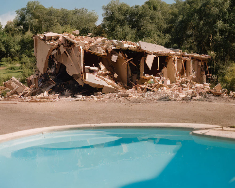 Abandoned building with broken walls near pristine pool and greenery