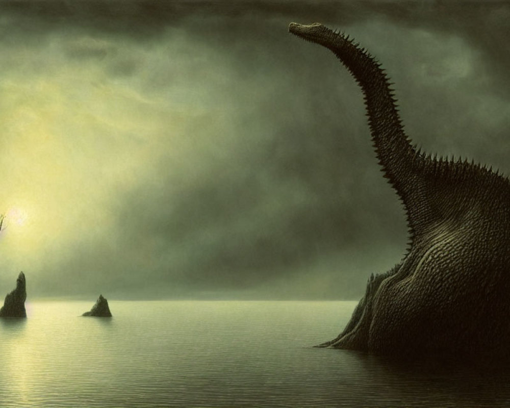 Solitary dinosaur by still lake under dark sky