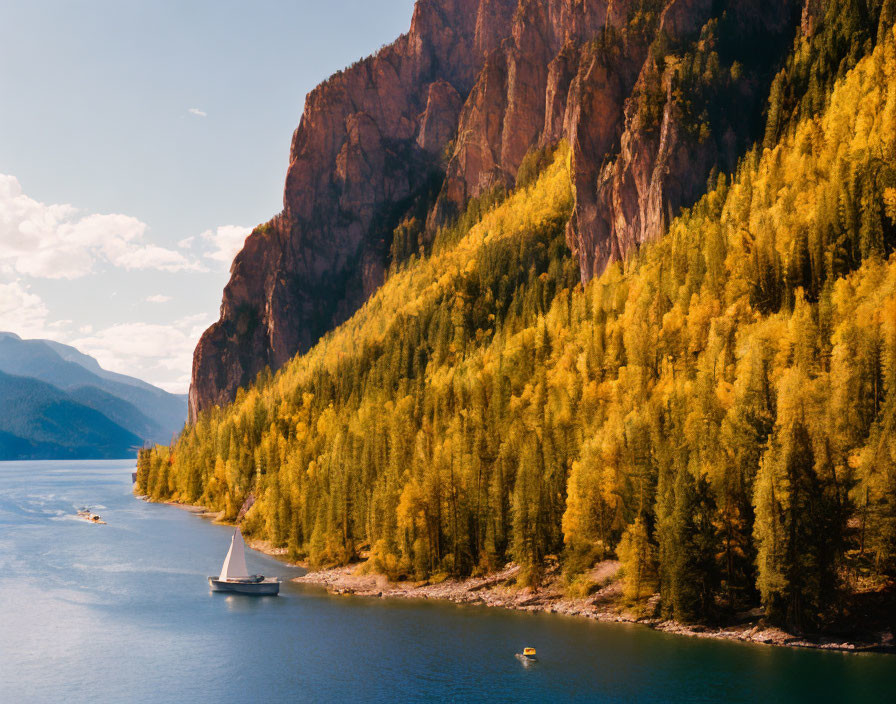 Tranquil lake scene with sailboat, autumn forest, and cliffs