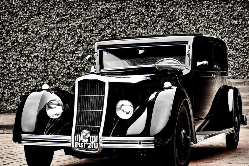 Vintage car with sleek lines parked in front of hedge