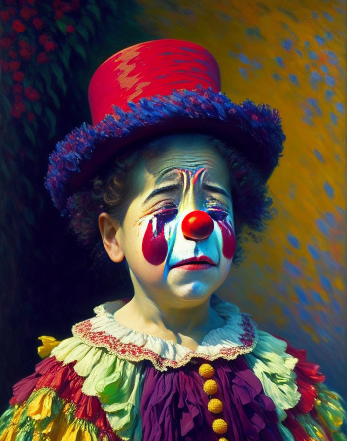 Colorful Sad Clown in Red Hat & Multicolored Costume