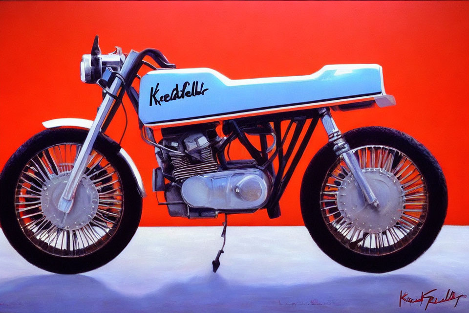 Vintage Blue and White Kreidler Motorcycle on Red Background