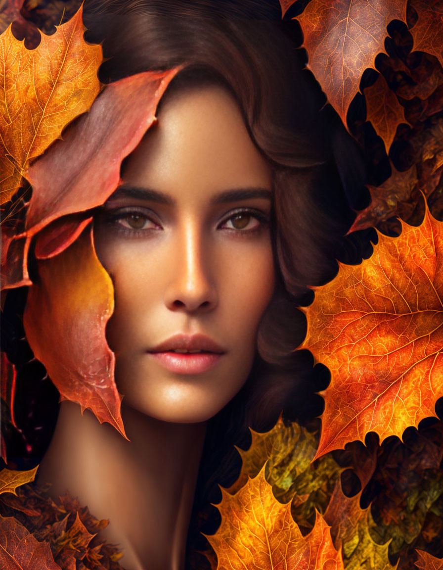 Woman's portrait framed by autumn leaves in warm hues