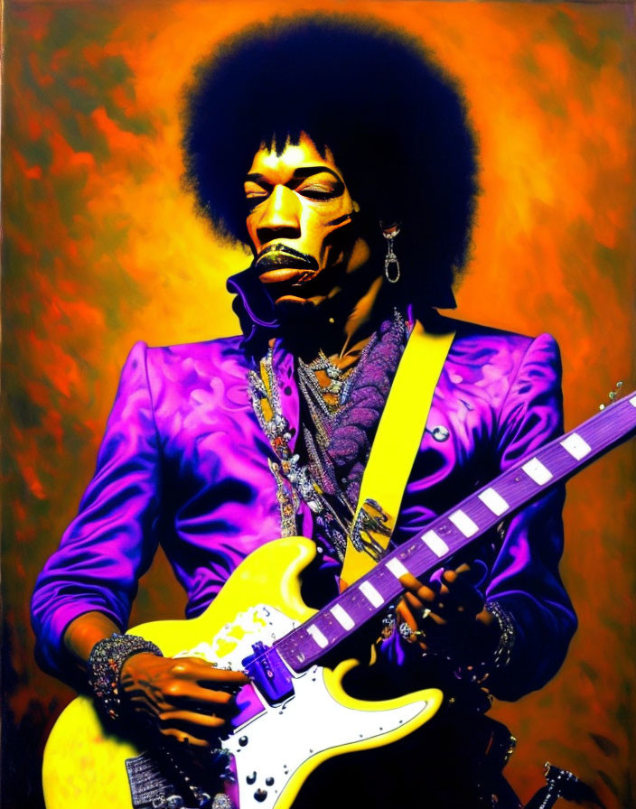 Colorful portrait of musician with afro, white guitar, purple jacket, and jewelry