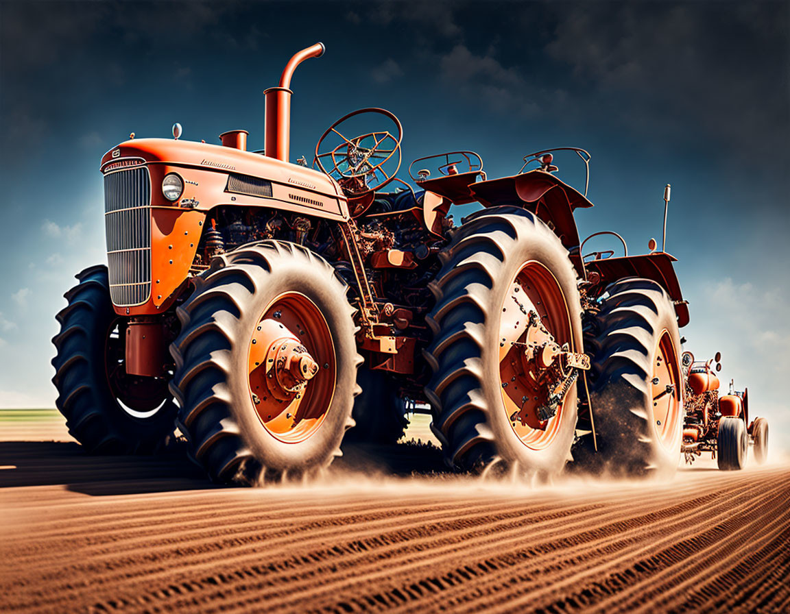 Vintage Orange Tractor with Large Rear Wheels on Dirt Field