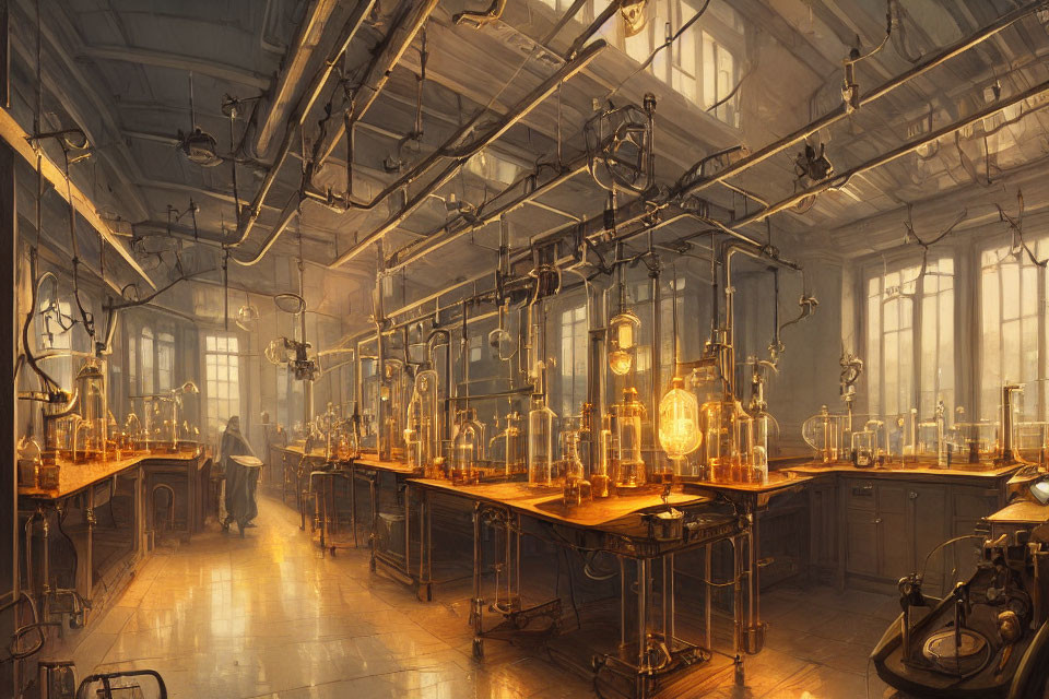 Vintage laboratory with glass distillation apparatus and solitary figure.