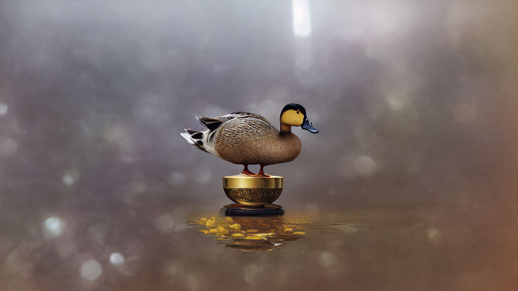 Mallard duck on golden pedestal surrounded by water