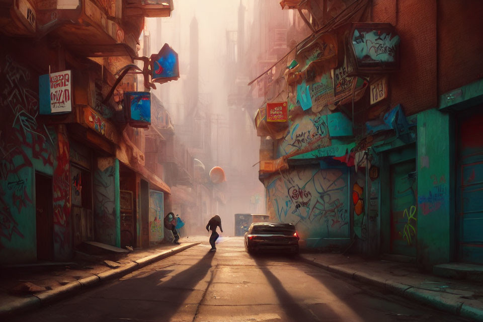 Colorful Graffiti Alleyway with Lone Car and Person Walking at Sunrise or Sunset