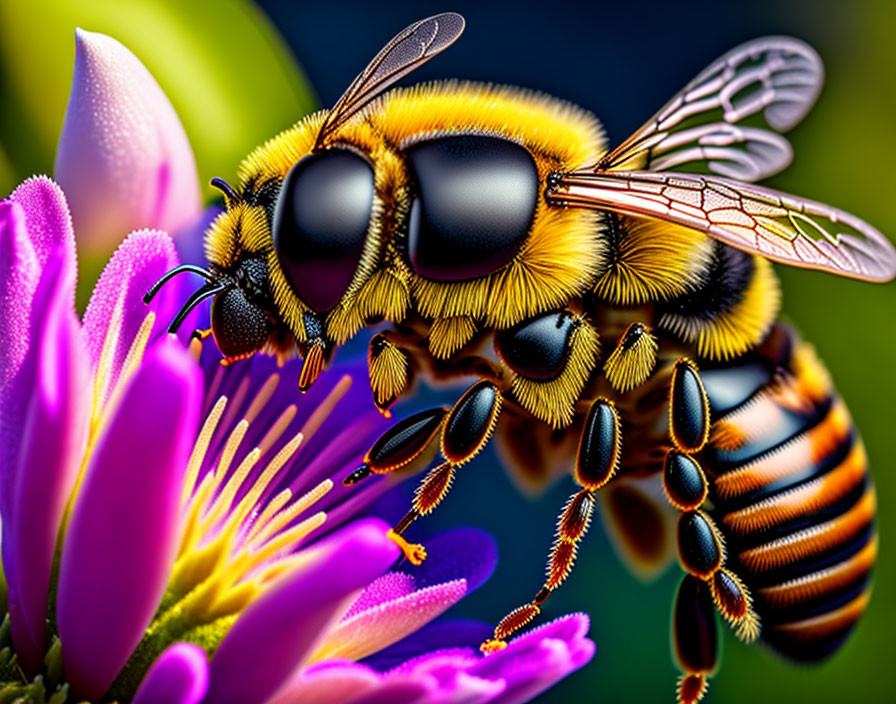 Macro Photograph of Yellow and Black Bee Pollinating Purple Flower