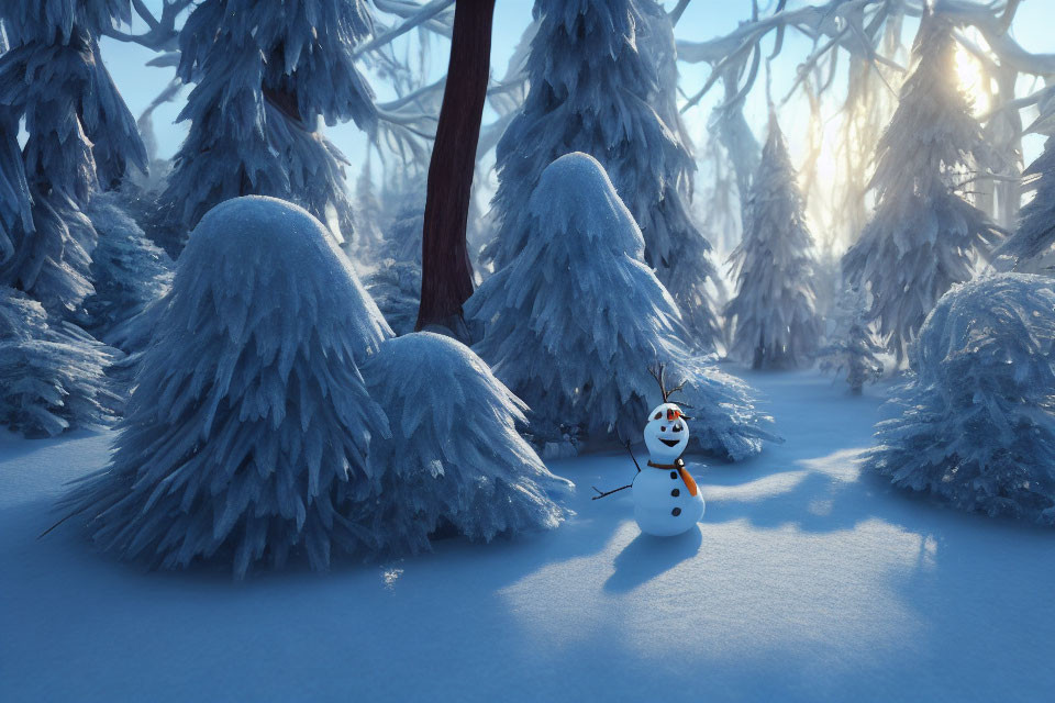 Snowman in snowy forest with sunbeams