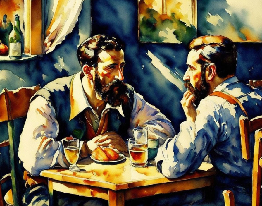 Bearded individuals chatting at table with drinks and food in watercolor art