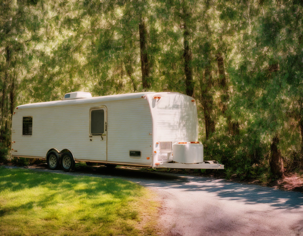 Tranquil Scene: White Travel Trailer by Road and Pine Trees