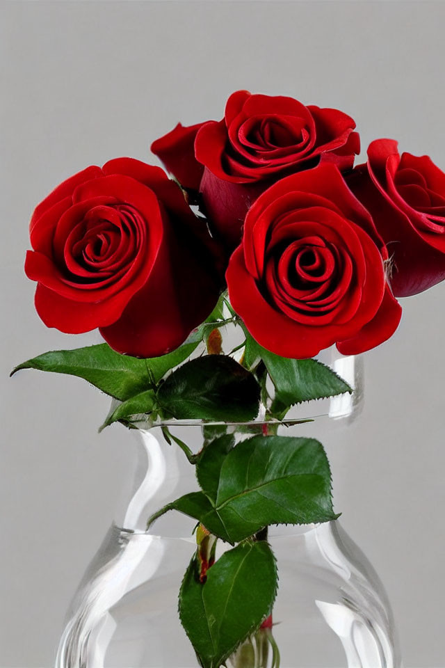 Vibrant Red Roses Bouquet in Clear Glass Vase on Gray Background