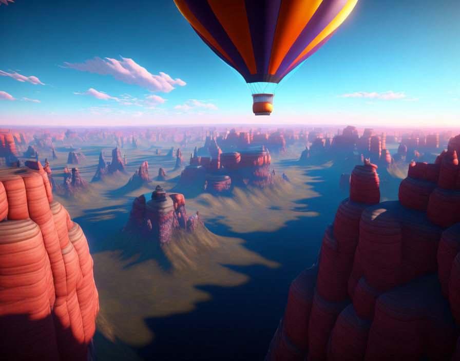 Hot air balloon floating over surreal landscape with red rock formations at sunrise or sunset