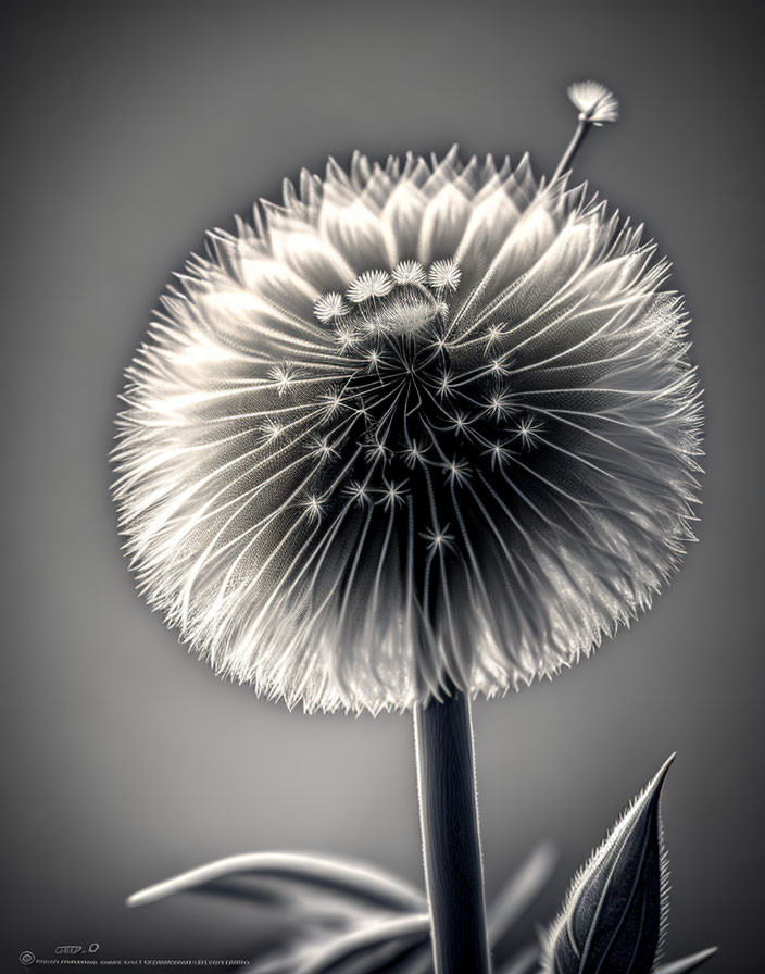 Monochrome close-up of delicate dandelion seed head with one seed breaking away