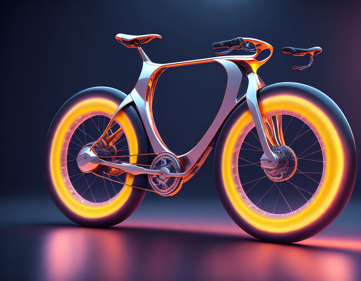 Sleek white bicycle with glowing orange wheels on dark background