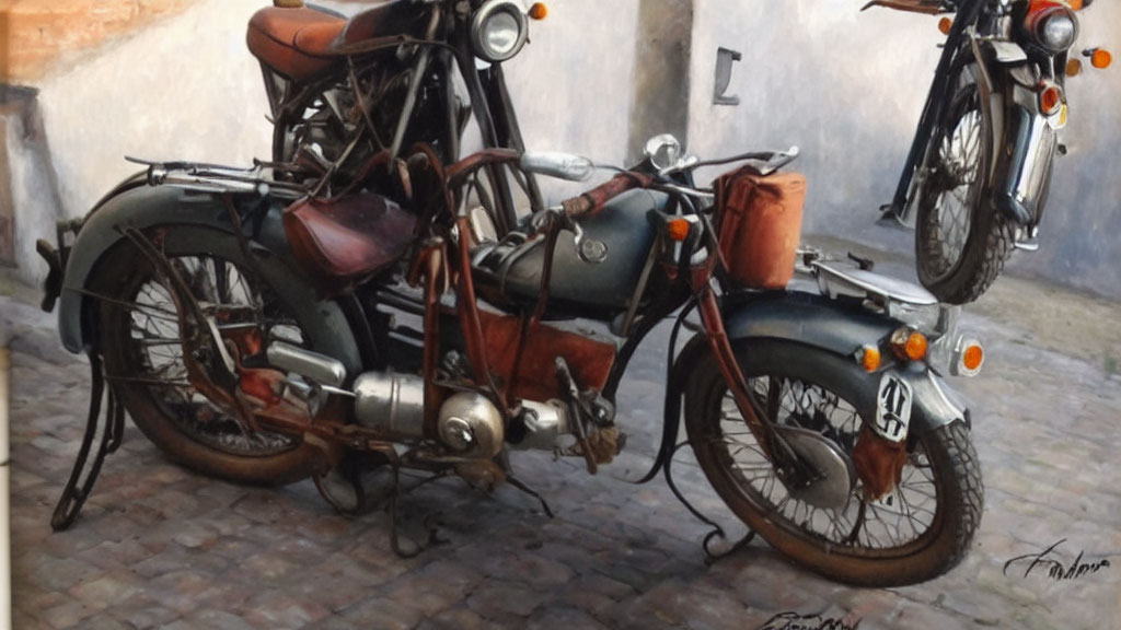 Vintage Motorcycle with Leather Saddlebags on Cobblestone Road