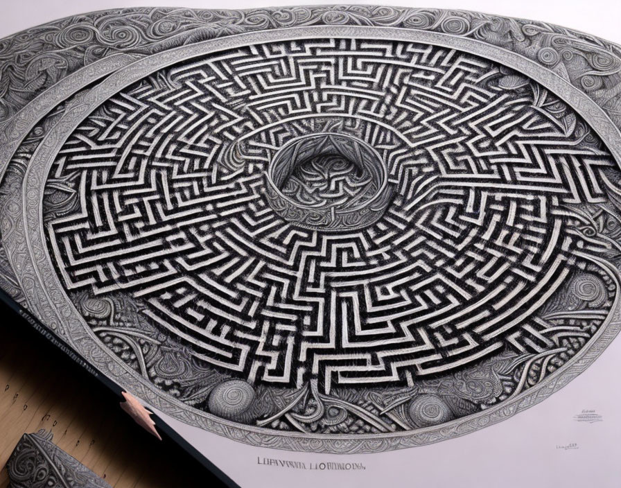 Circular Metal Sculpture with Maze-like Patterns on White Surface