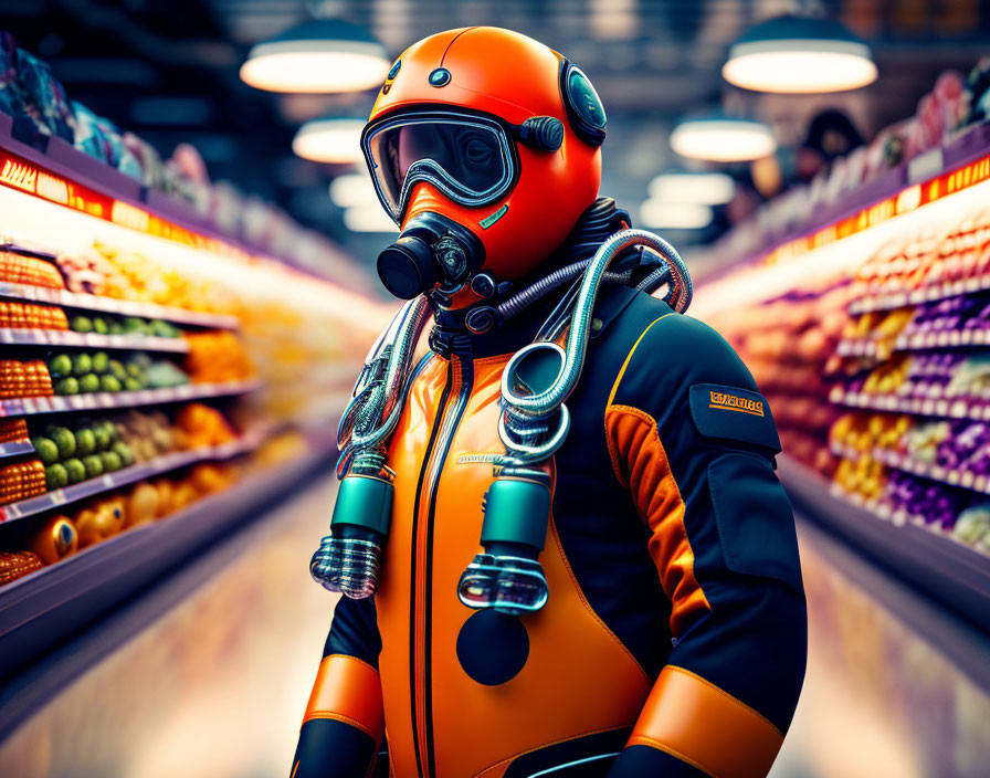 Person in Orange Spacesuit with Gas Mask in Supermarket Aisle