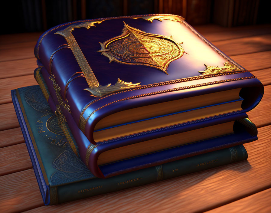 Three Ornate Leather-Bound Books with Gold Embossing on Wooden Surface