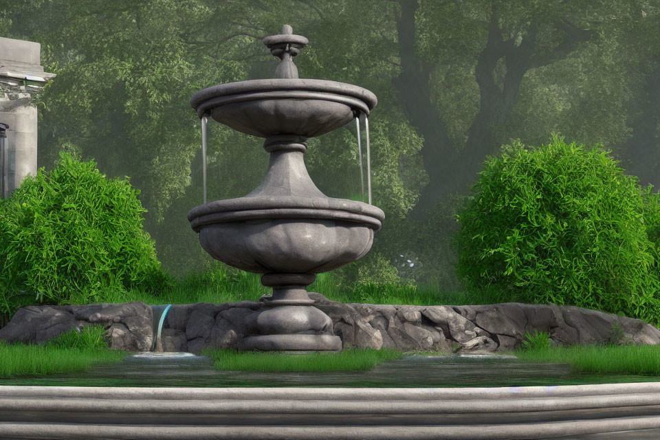 Tranquil park scene with stone water fountain and lush greenery