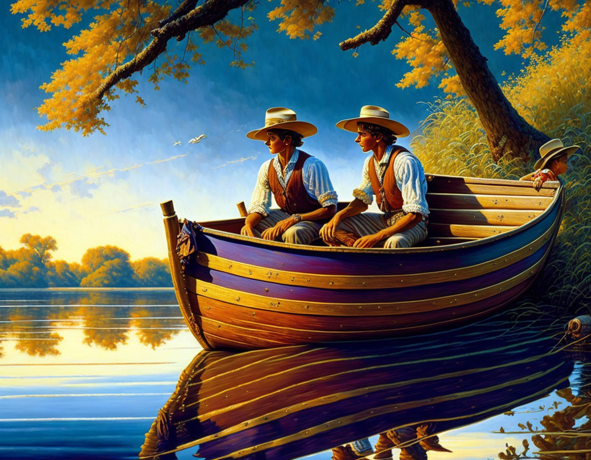 Autumn scene: Two people fishing in wooden boat on serene river