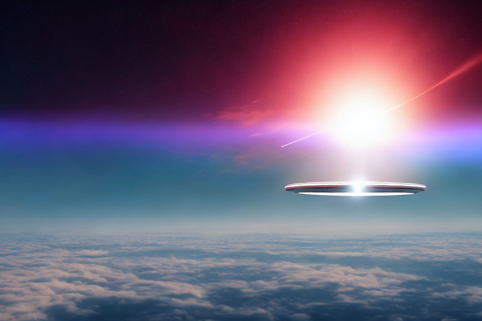 Colorful Sky with Bright UFO Hovering Above Clouds