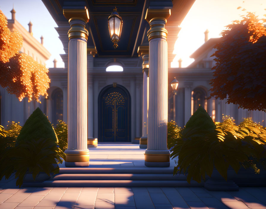 Historic building entrance with columns, lantern, steps, and blue door in sunlight.