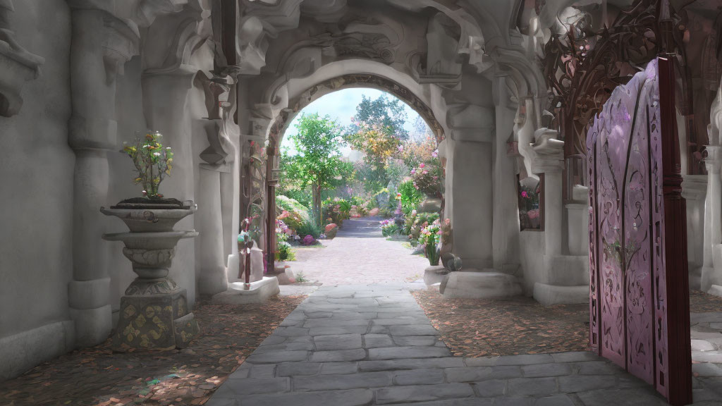 Stone Archway Entrance to Colorful Garden with Pink Door and Potted Plants