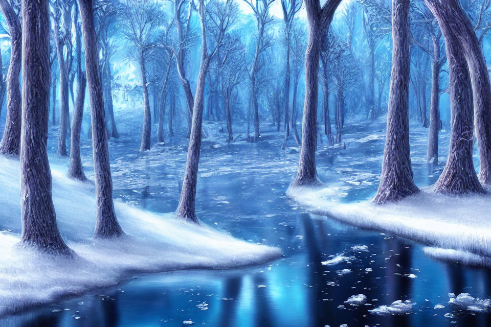 Snow-covered trees reflected in icy blue stream with white flowers - Winter Forest Scene