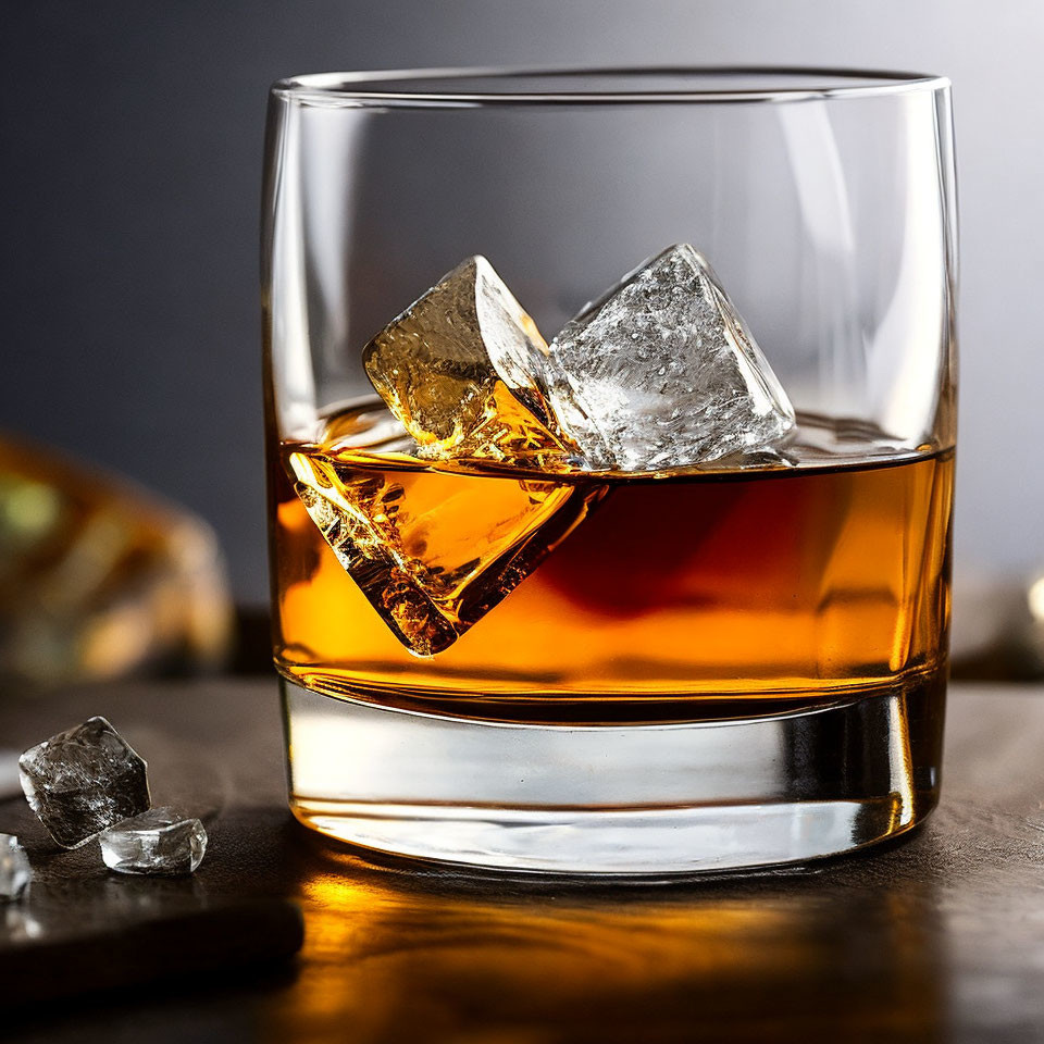 Whiskey glass with large ice cubes on rustic table, amber liquid glowing warmly.