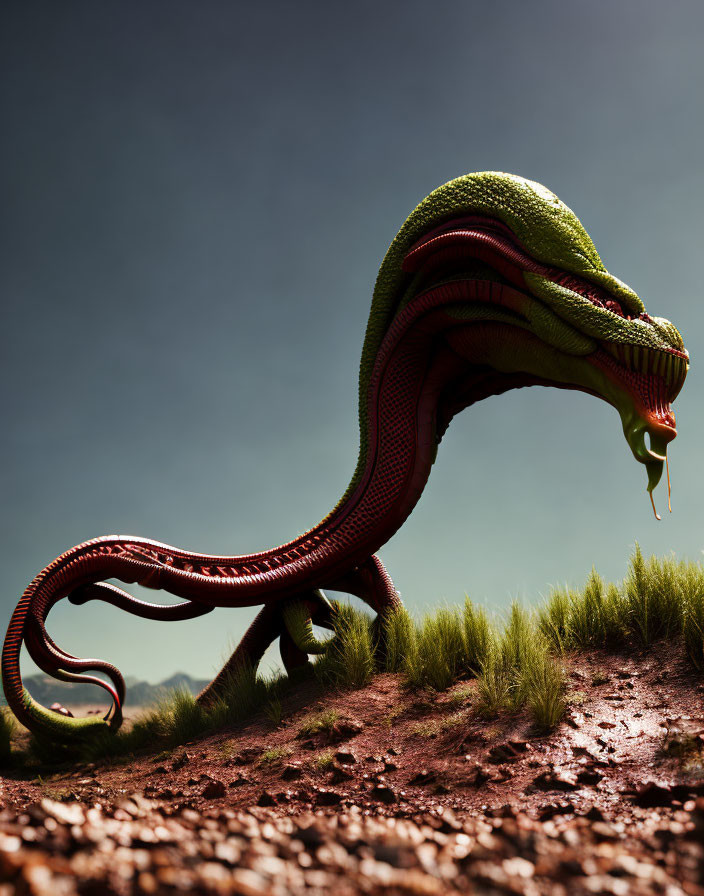 Green Serpent-Like Creature Slithering on Dirt Path in Grass Terrain