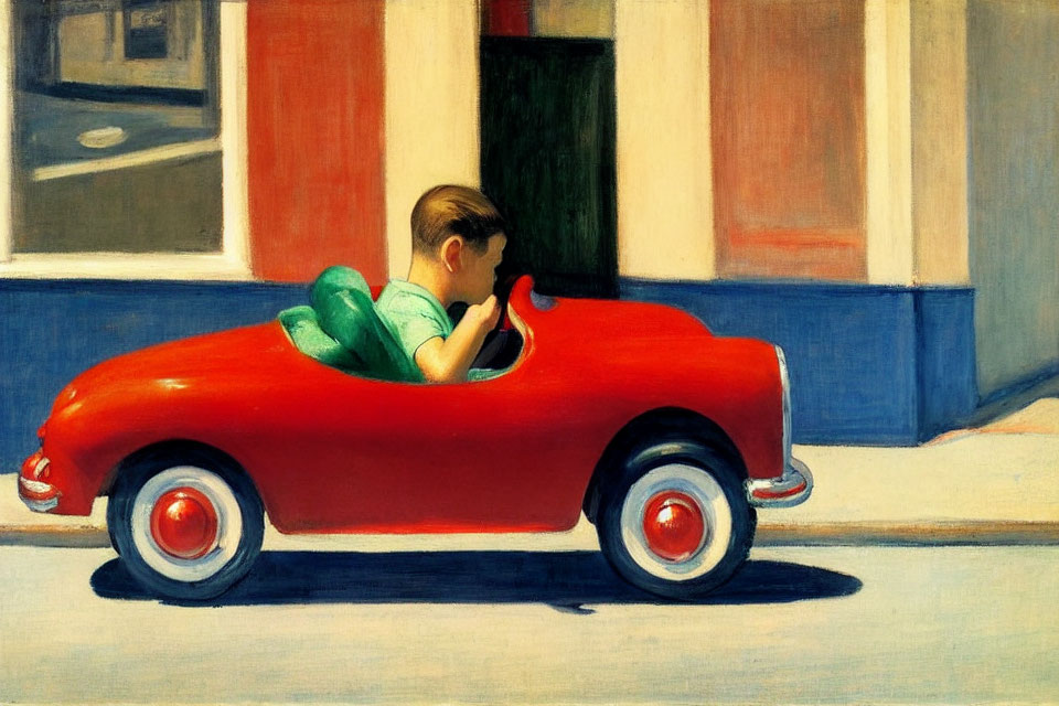 Child in Red Pedal Car on Sunlit Street with Building Shadows