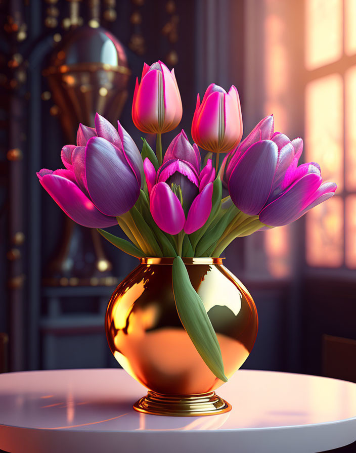 Vibrant purple tulips in gold vase on sunlit table