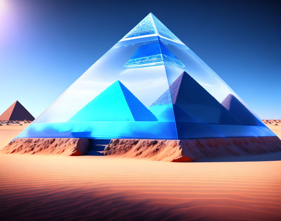 Surreal blue pyramid in digital art with traditional pyramids.