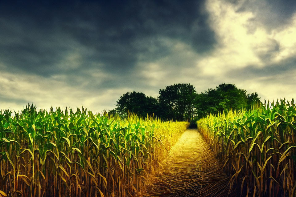 Winding dirt path in lush cornfield under stormy sky