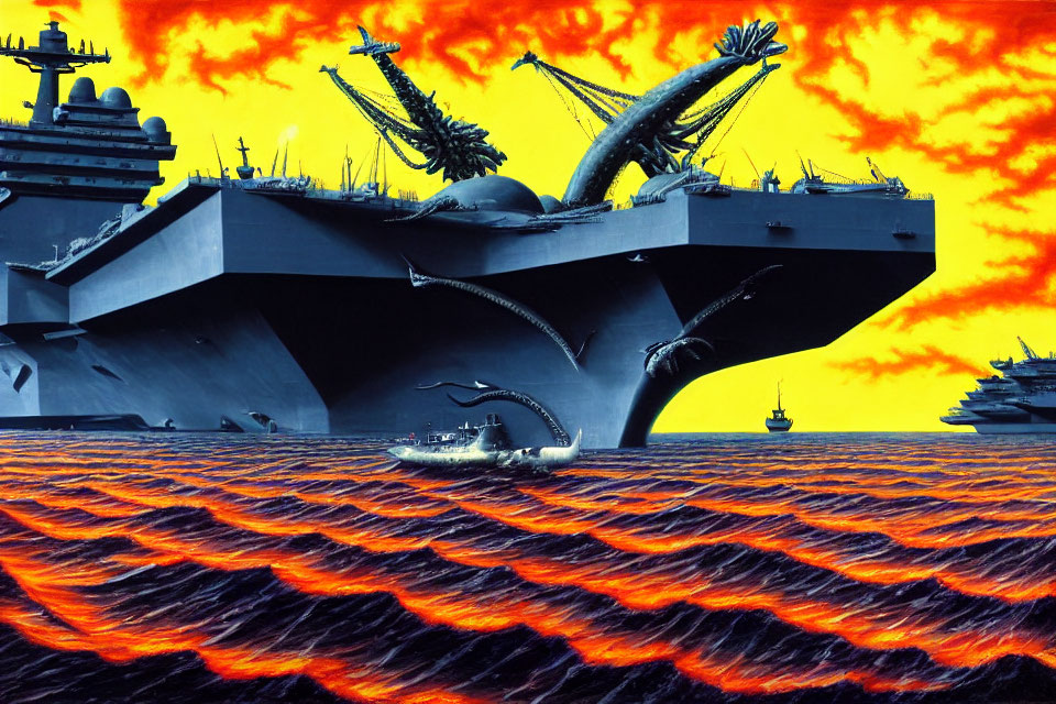 Surreal artwork: Giant tentacles attack aircraft carriers in fiery sky