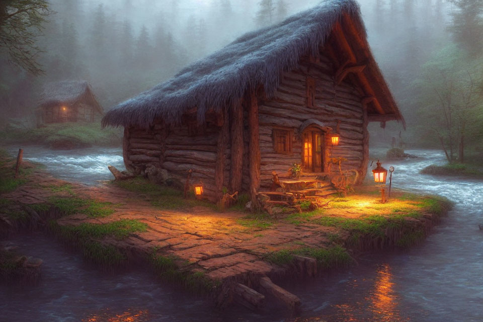 Riverside wooden cabin with thatched roof in misty forest setting