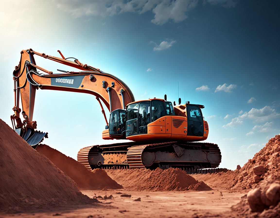 Orange Excavator on Construction Site with Dirt Mound and Blue Sky