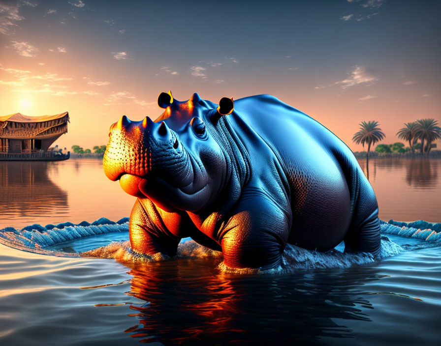 Vibrant digital art: Blue hippopotamus in water at sunset with palm trees