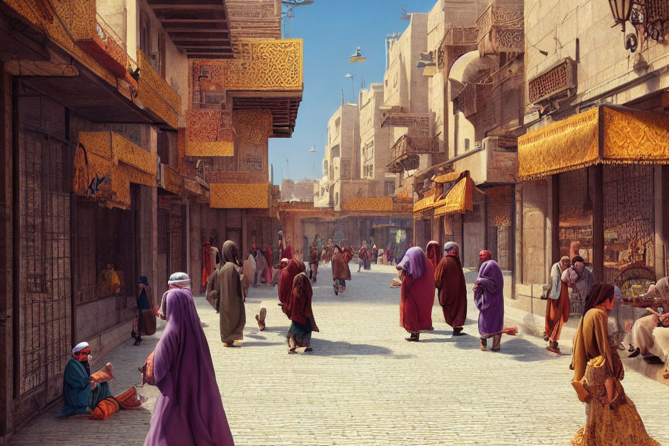 Traditional Middle Eastern Market Street with People in Traditional Attire and Ornate Buildings