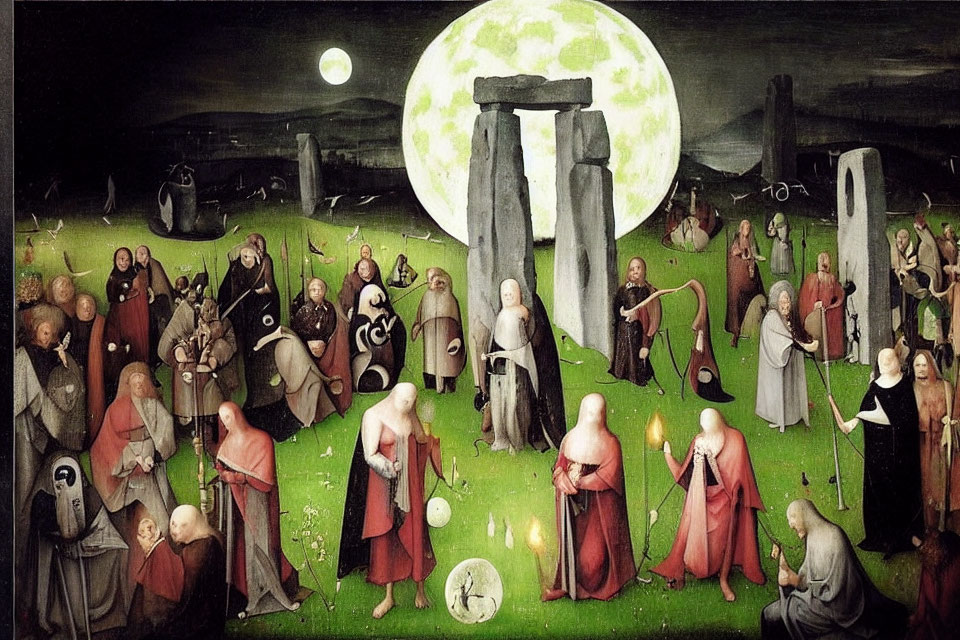 Moonlit Medieval Scene with Robed Figures and Stone Monoliths